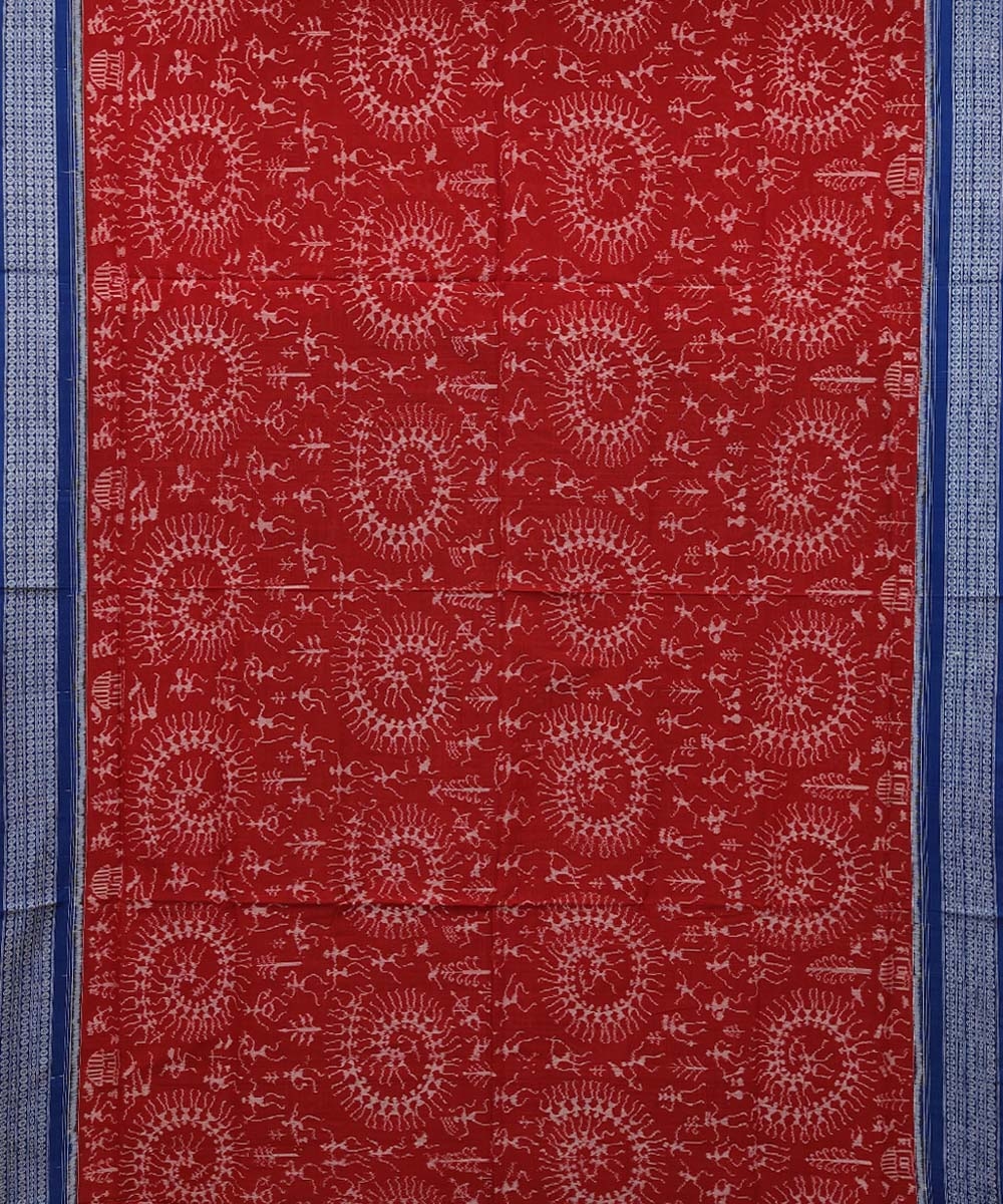 Red Blue Sambalpuri Handwoven Single Ikat Cotton Saree Image 3