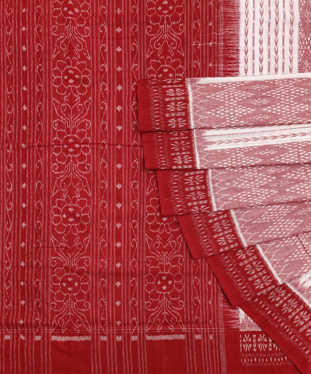 White Maroon Sambalpuri Handwoven Single Ikat Cotton Saree Image 1