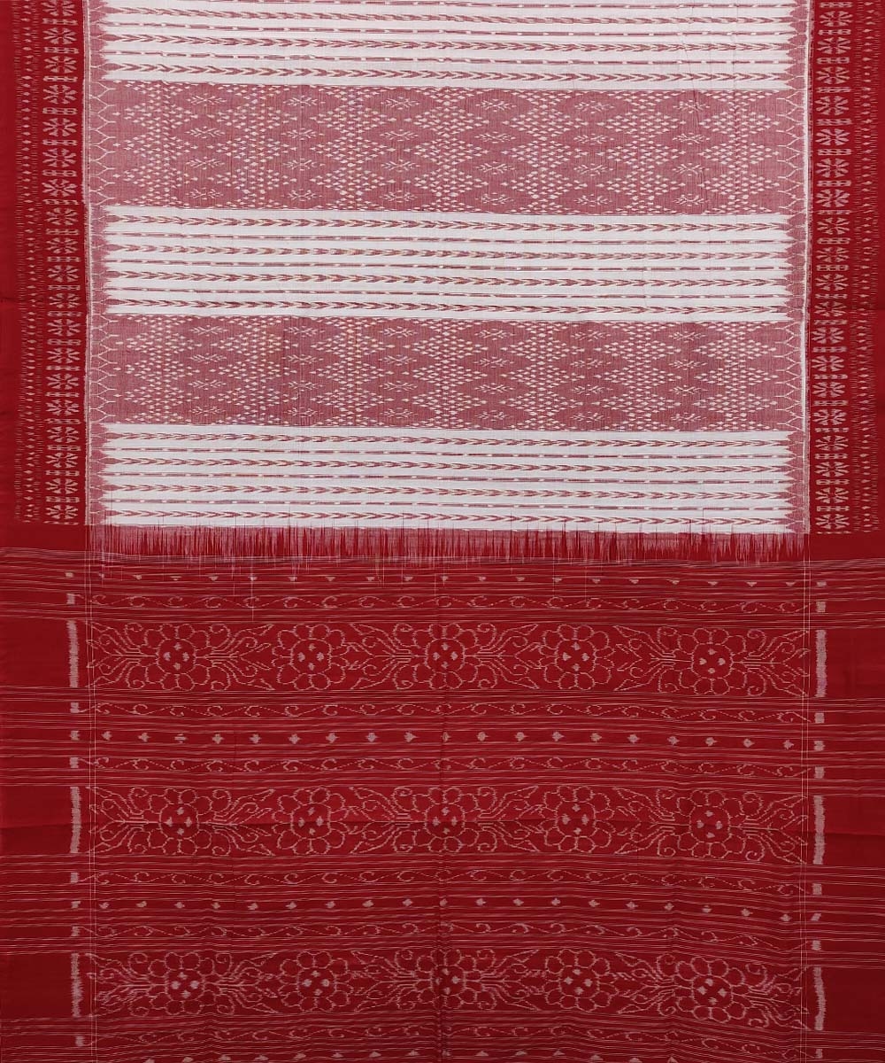 White Maroon Sambalpuri Handwoven Single Ikat Cotton Saree Image 2