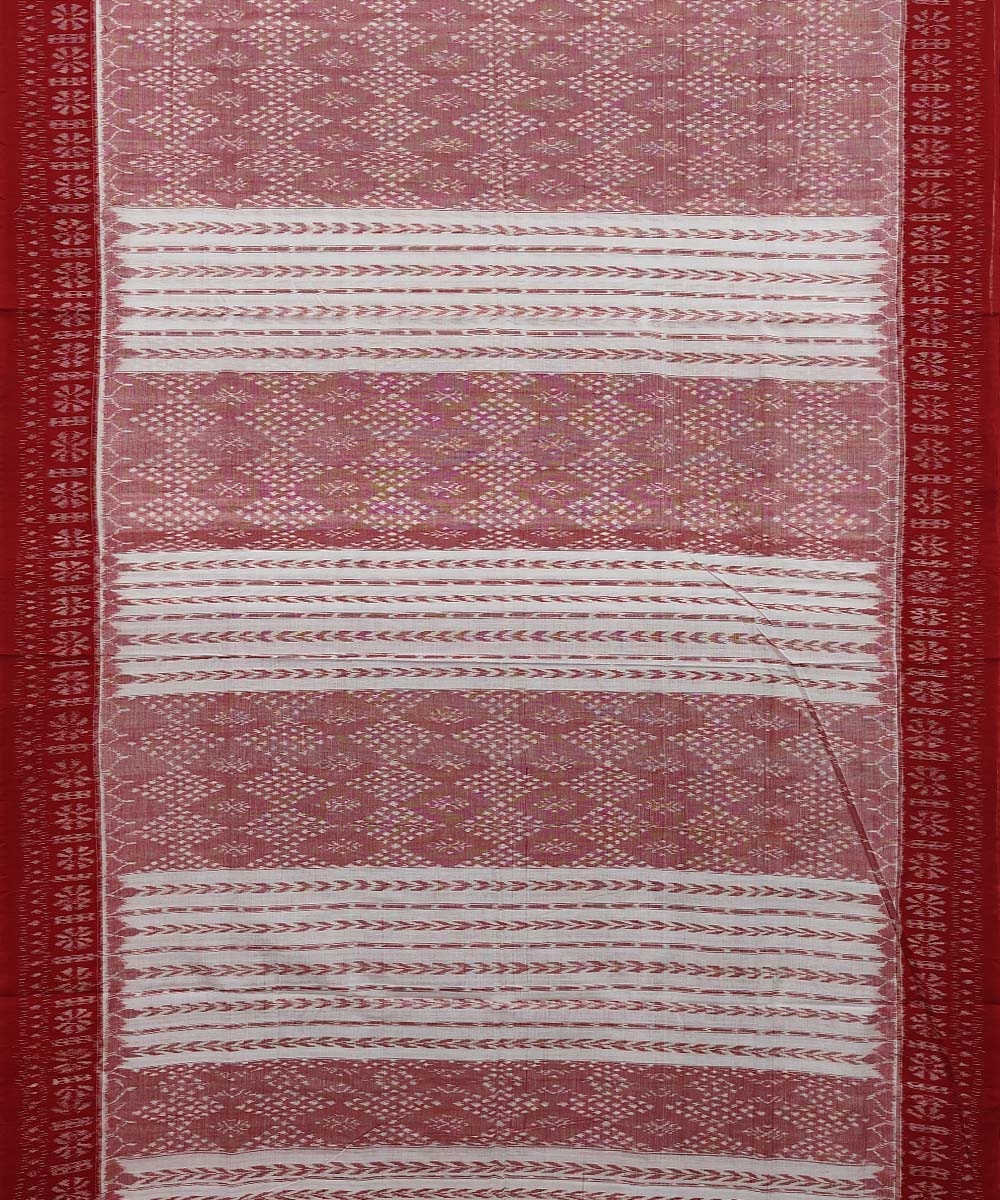 White Maroon Sambalpuri Handwoven Single Ikat Cotton Saree Image 3