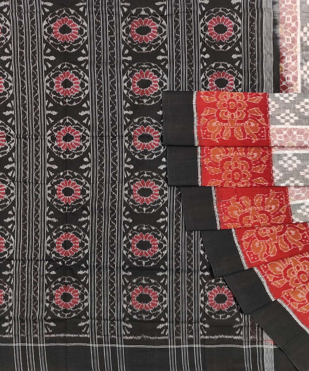 Gray Black Red Sambalpuri Handwoven Single Ikat Cotton Saree Image 1