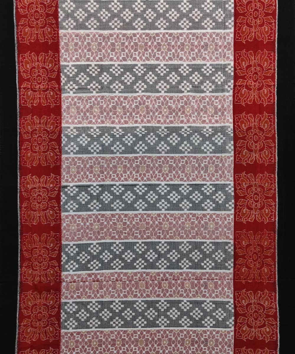 Gray Black Red Sambalpuri Handwoven Single Ikat Cotton Saree Image 3