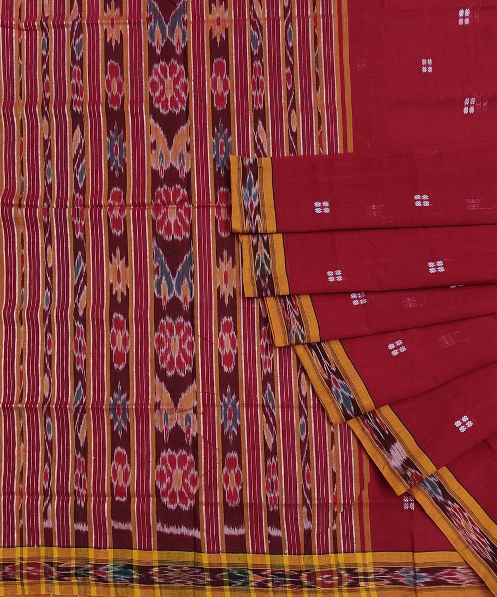 Red Yellow Sambalpuri Handwoven Single Ikat Cotton Saree Image 1