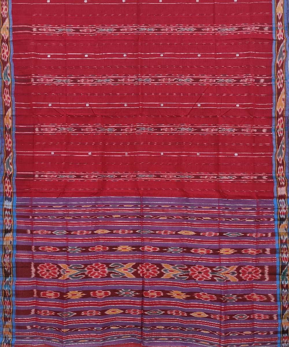 Maroon Blue Sambalpuri Handwoven Single Ikat Cotton Saree Image 2