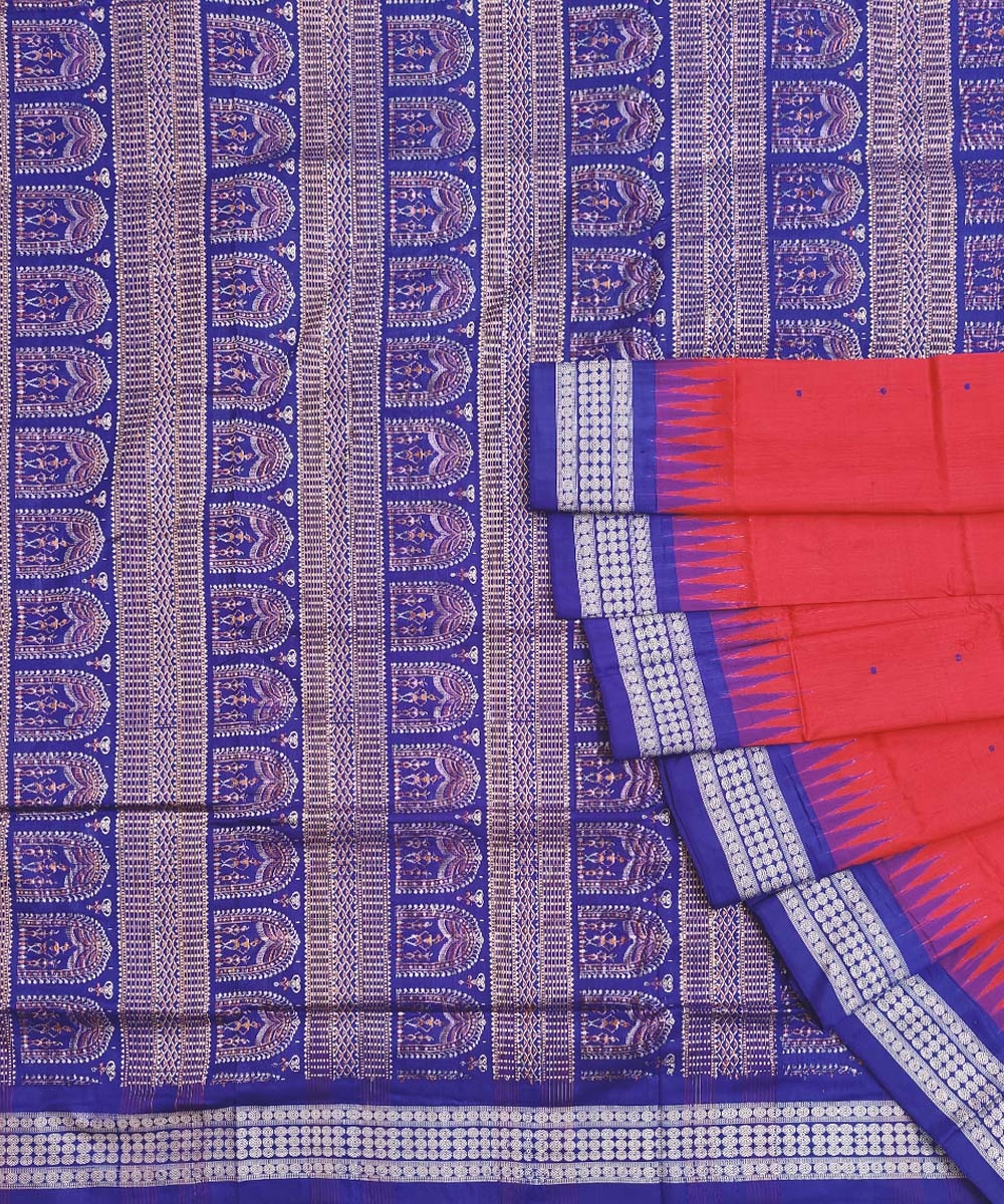 Red Blue Handwoven Bomkei Silk Saree Image 1