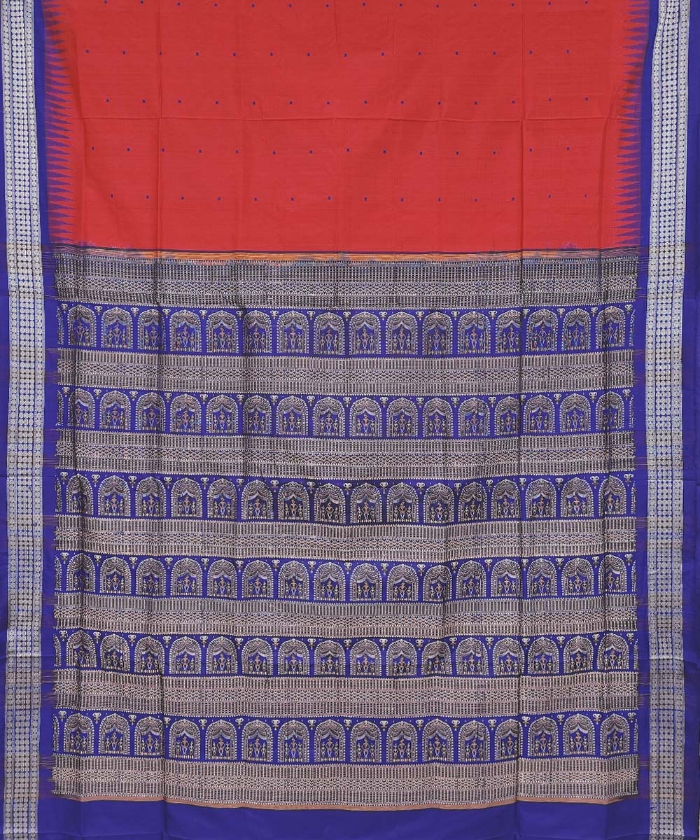 Red Blue Handwoven Bomkei Silk Saree Image 2