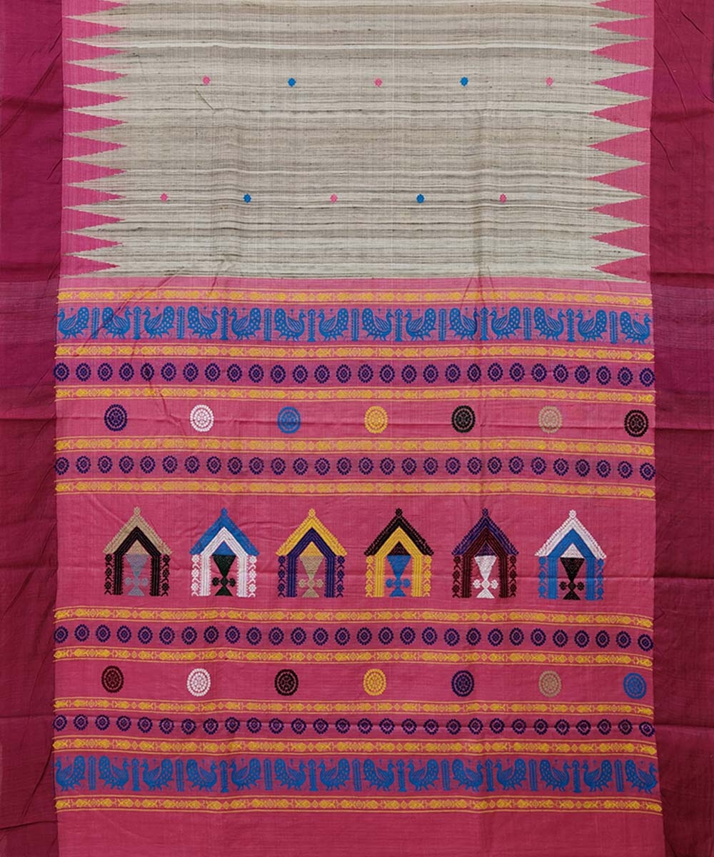 Beige Pink Sambalpuri Handwoven Dolabedi Tussar Silk Saree Image 2