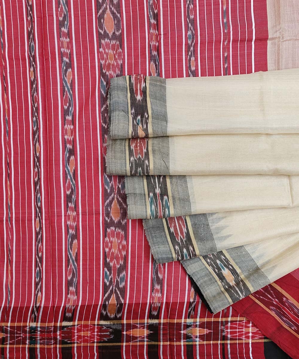 Beige Maroon Sambalpuri Handwoven Ikat Border Tussar Silk Saree SFTSAR1390