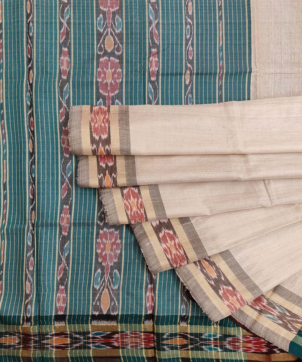 Beige Green Sambalpuri Handwoven Ikat Border Tussar Silk Saree Image 1