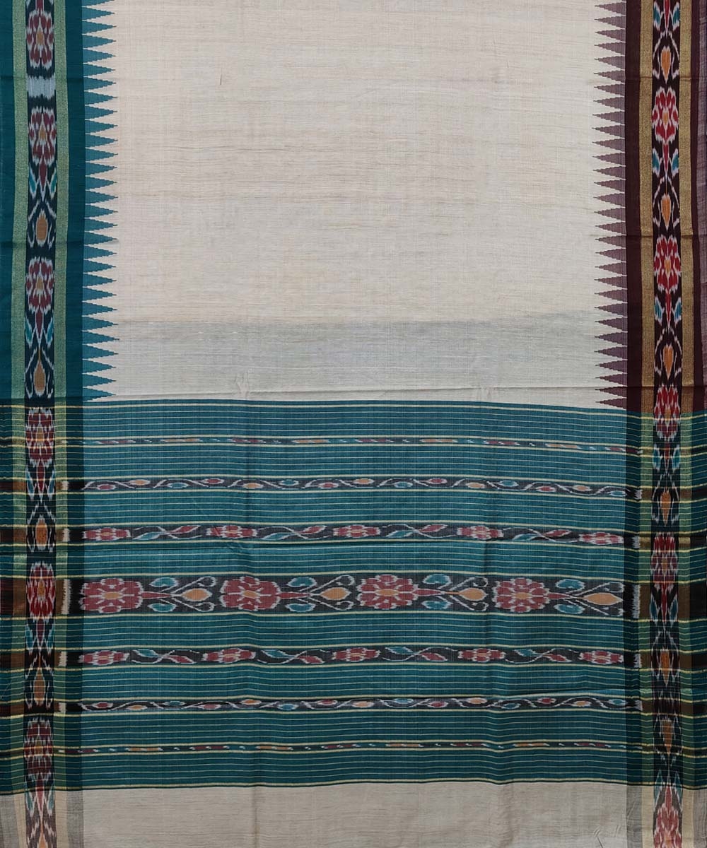 Beige Green Sambalpuri Handwoven Ikat Border Tussar Silk Saree Image 2