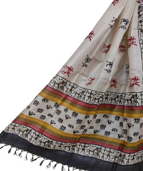 Beige Black Handwoven Tussar Silk Dupatta SFTDUP1396