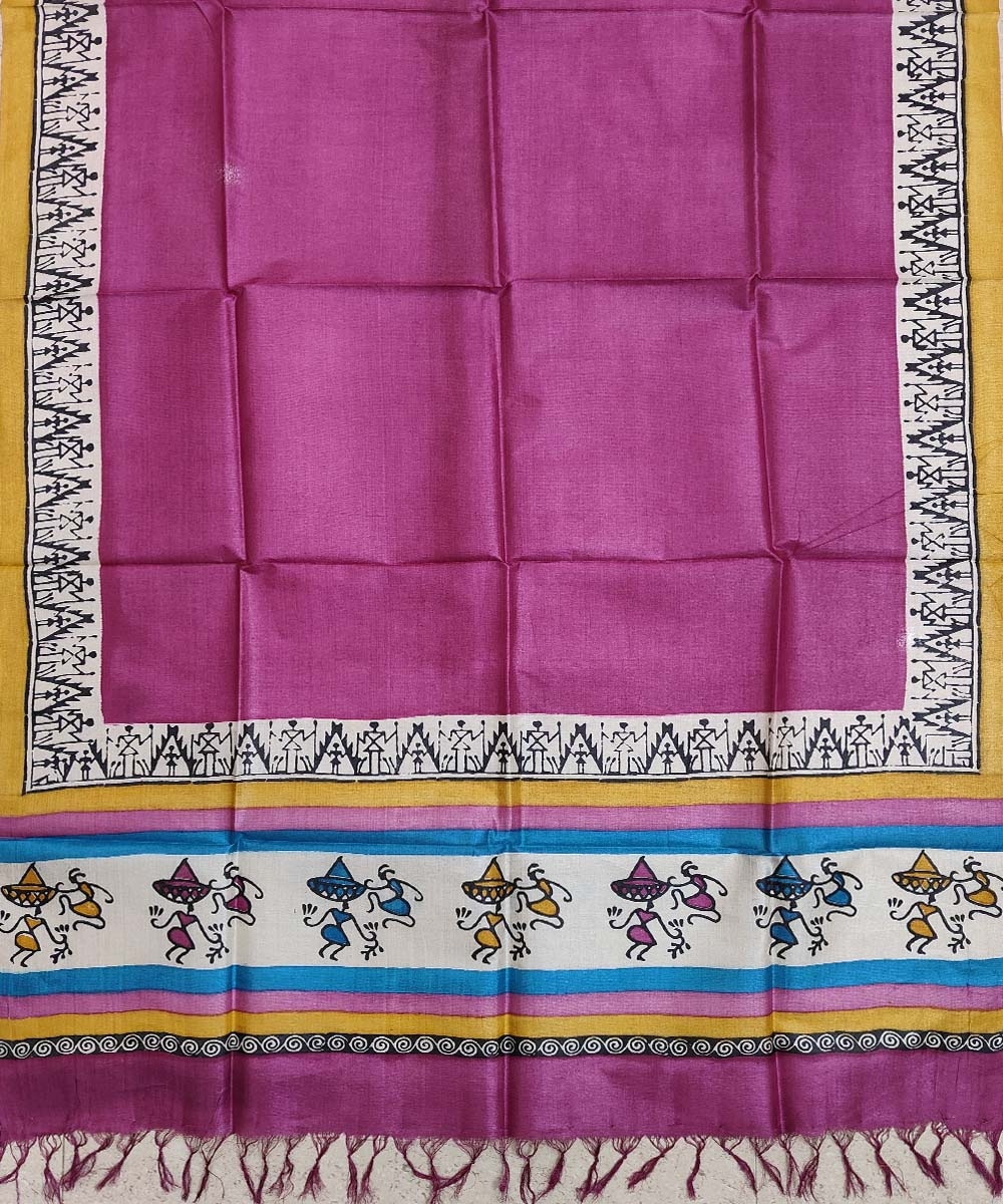 Pink White Handwoven Tussar Silk Dupatta Image 2