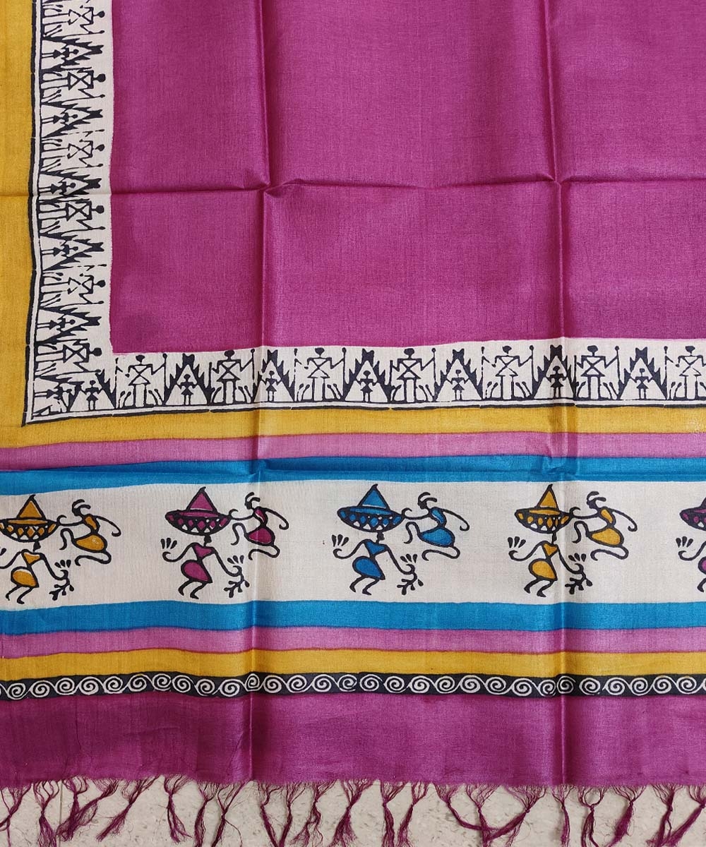 Pink White Handwoven Tussar Silk Dupatta Image 3