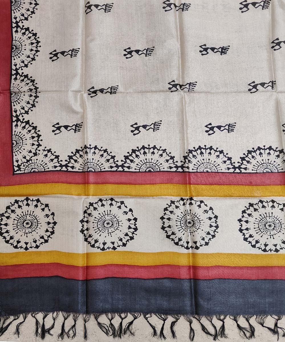 Beige Handwoven Tussar Silk Dupatta Image 3