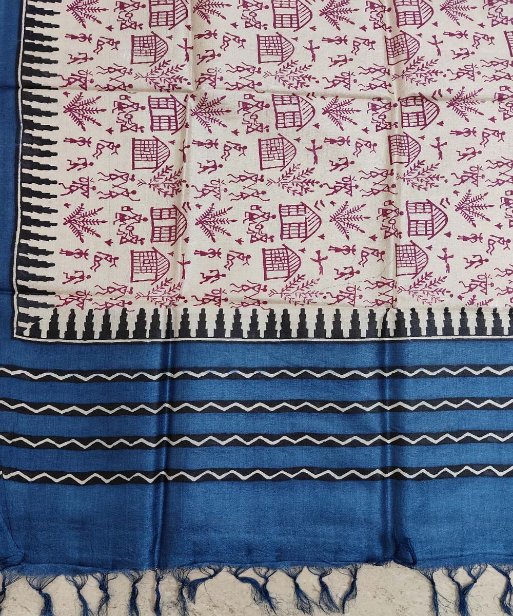 Beige Blue Handwoven Tussar Silk Dupatta Image 3