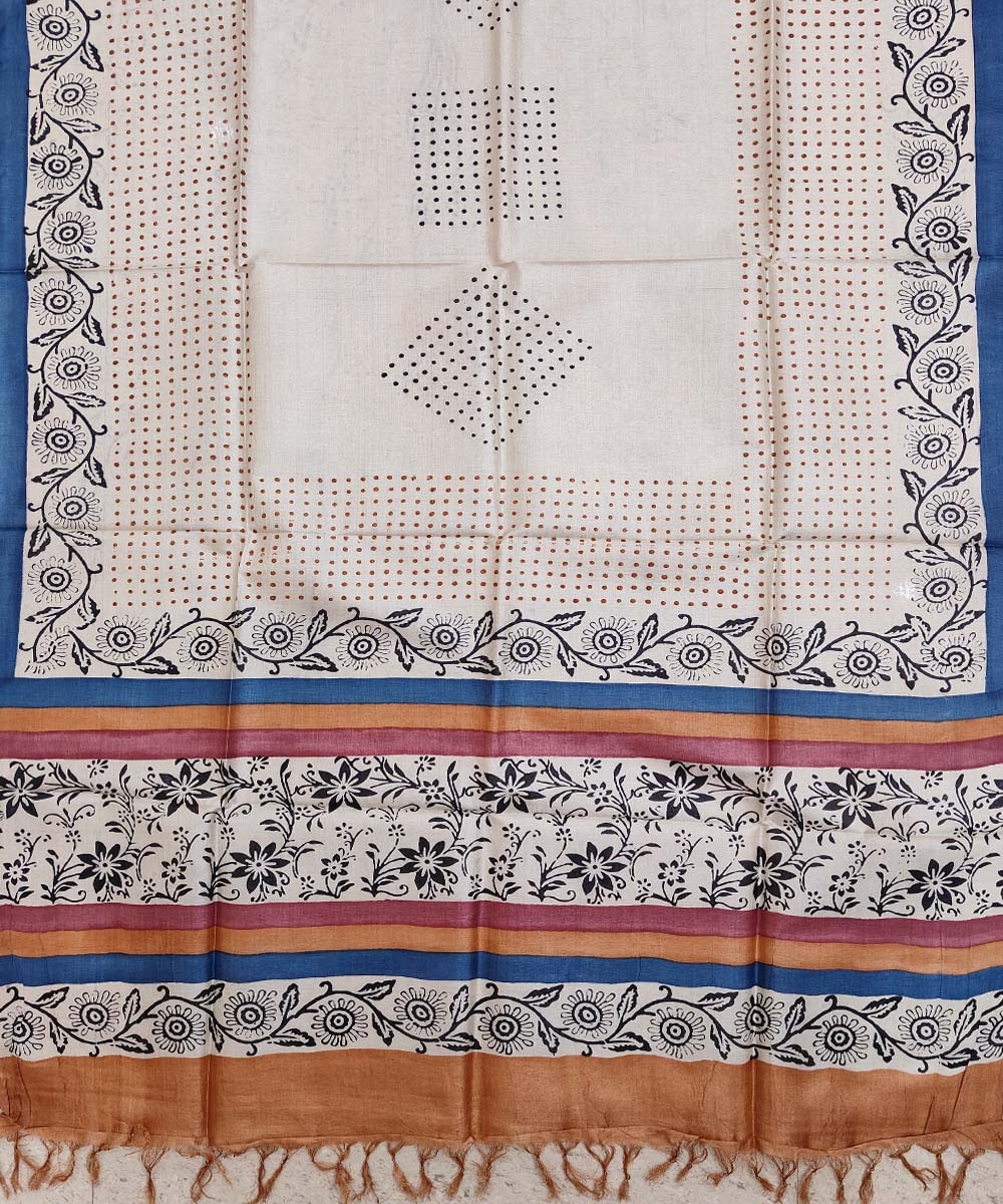 Beige Blue Handwoven Tussar Silk Dupatta Image 2