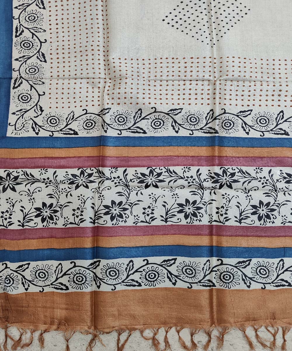 Beige Blue Handwoven Tussar Silk Dupatta Image 3