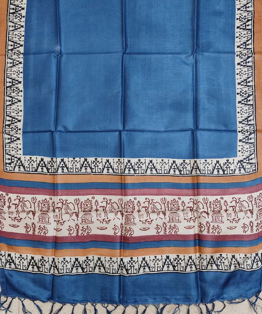 Blue Beige Handwoven Tussar Silk Dupatta Image 2