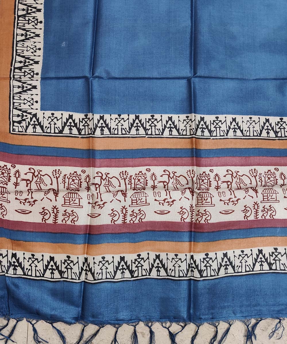 Blue Beige Handwoven Tussar Silk Dupatta Image 3