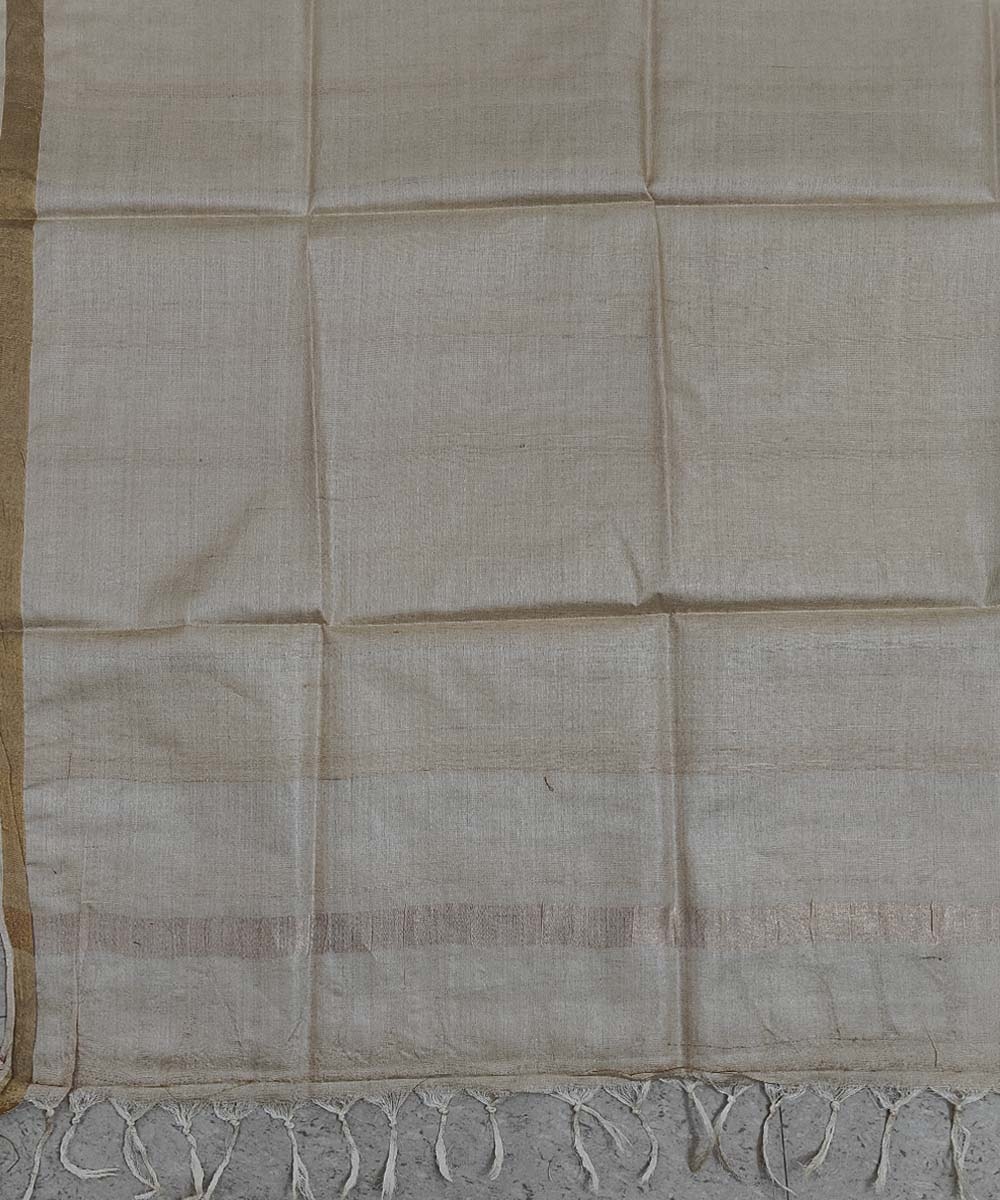 Beige Black Handwoven Tussar Silk Dupatta Image 3