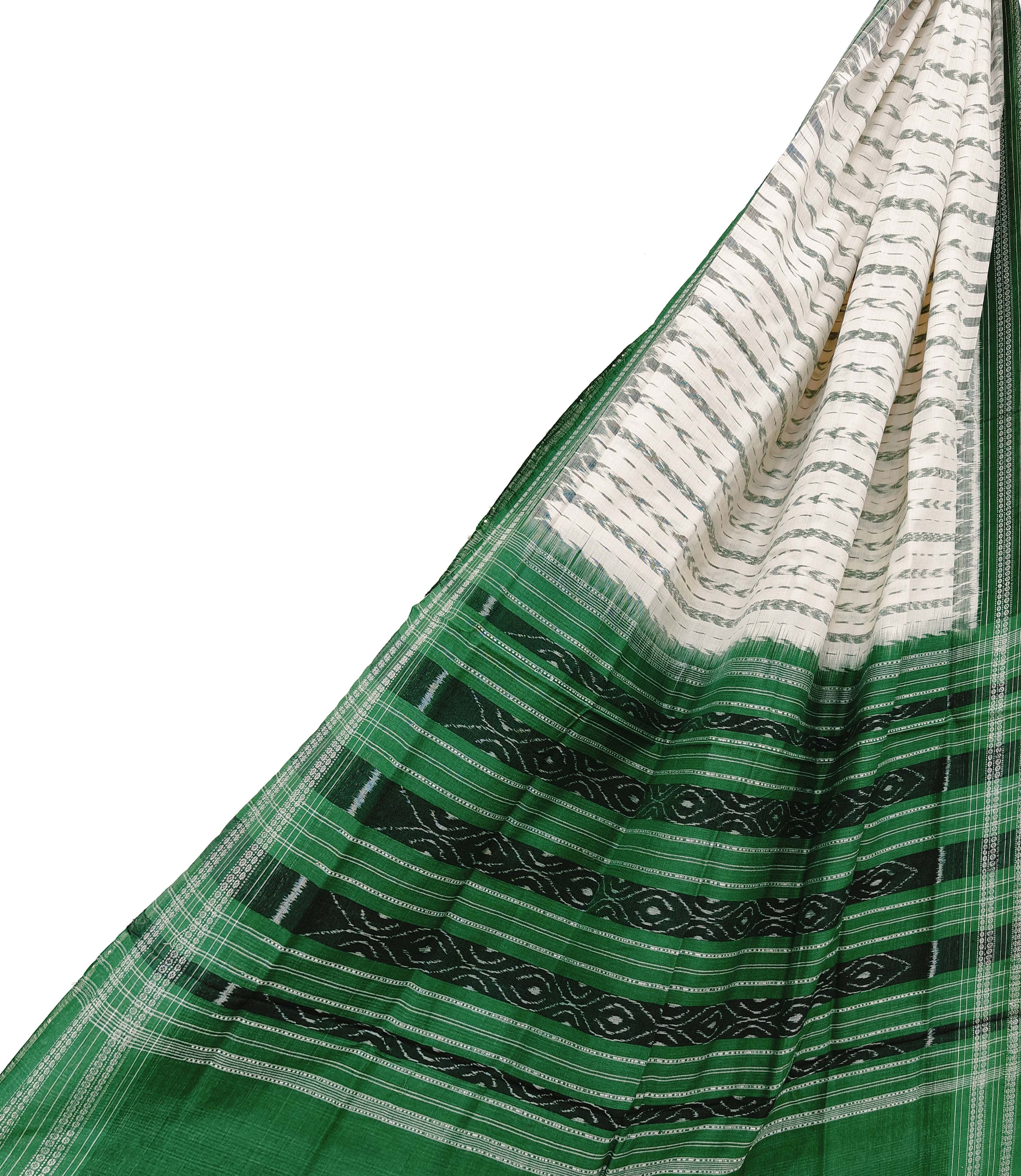 White Green Sambalpuri Handwoven Single Ikat Cotton Dupatta SFCDUP1460