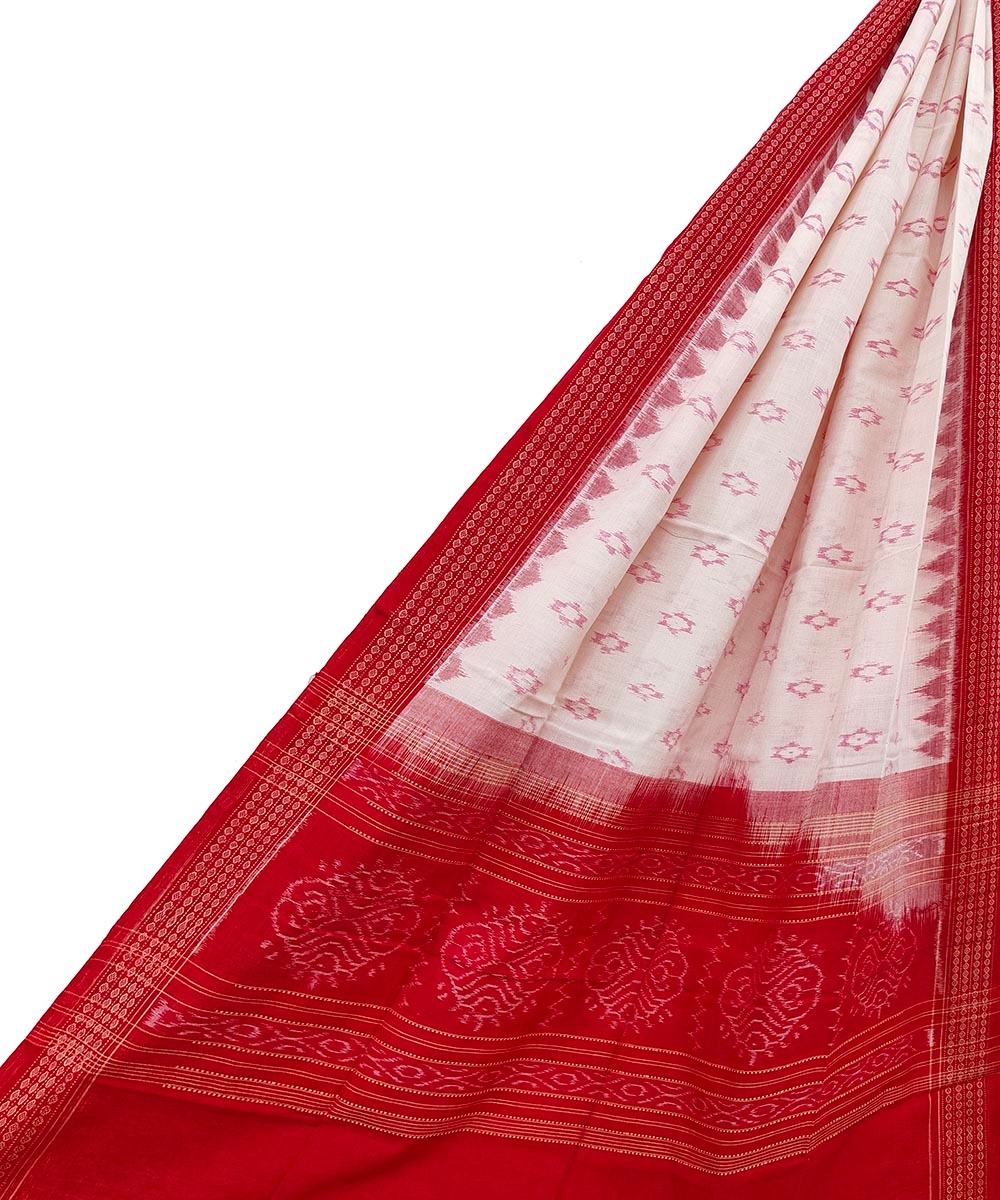 White Red Sambalpuri Handwoven Single Ikat Cotton Dupatta Image 1