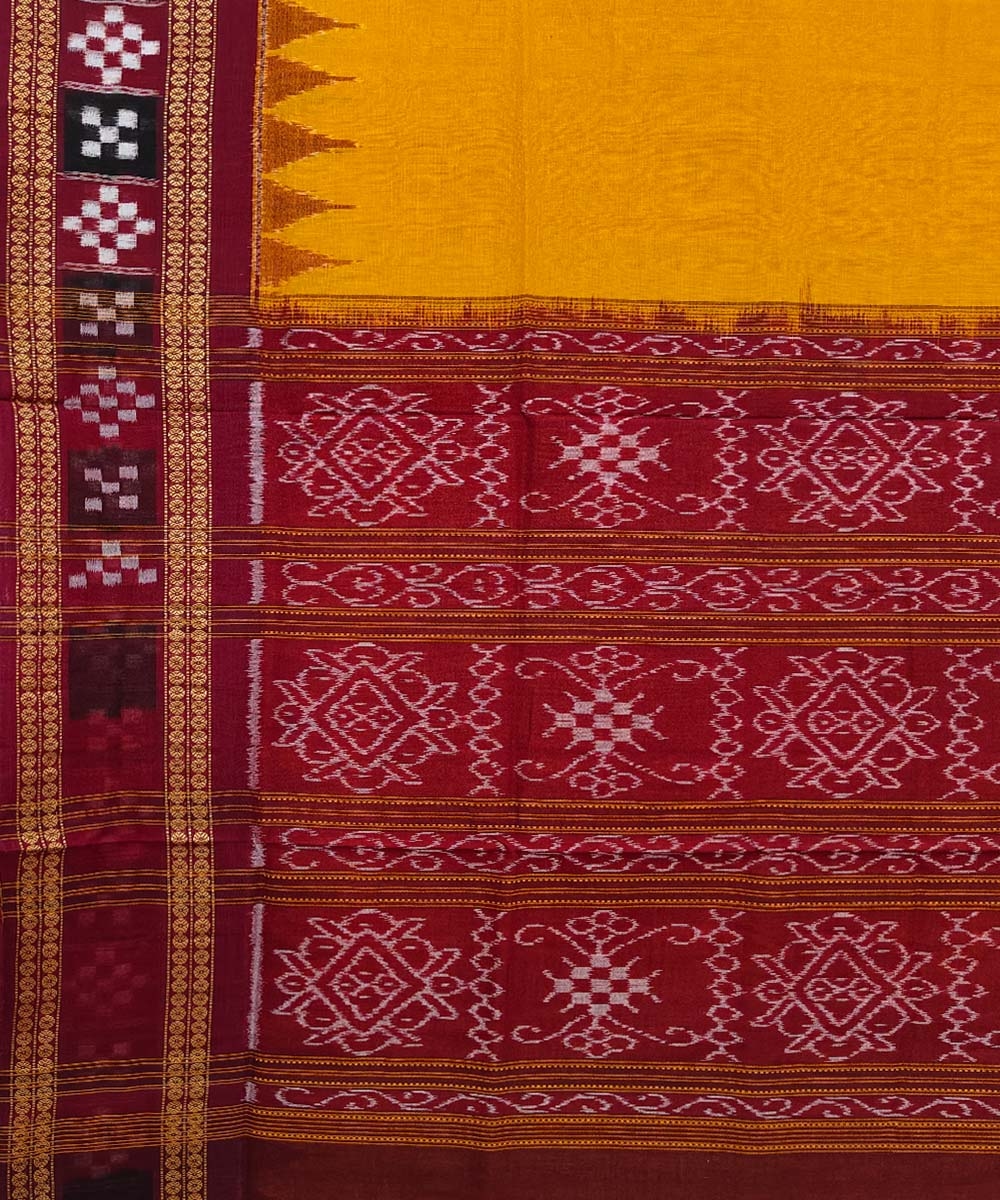 Yellow Red Sambalpuri Handwoven Single Ikat Cotton Saree Image 4