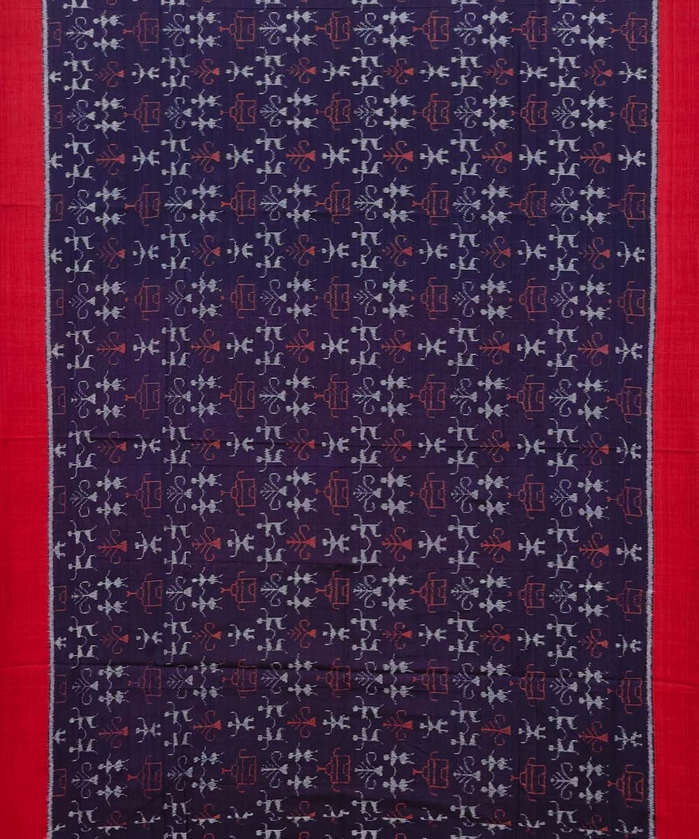 Blue Red Sambalpuri Handwoven Single Ikat Cotton Saree Image 3