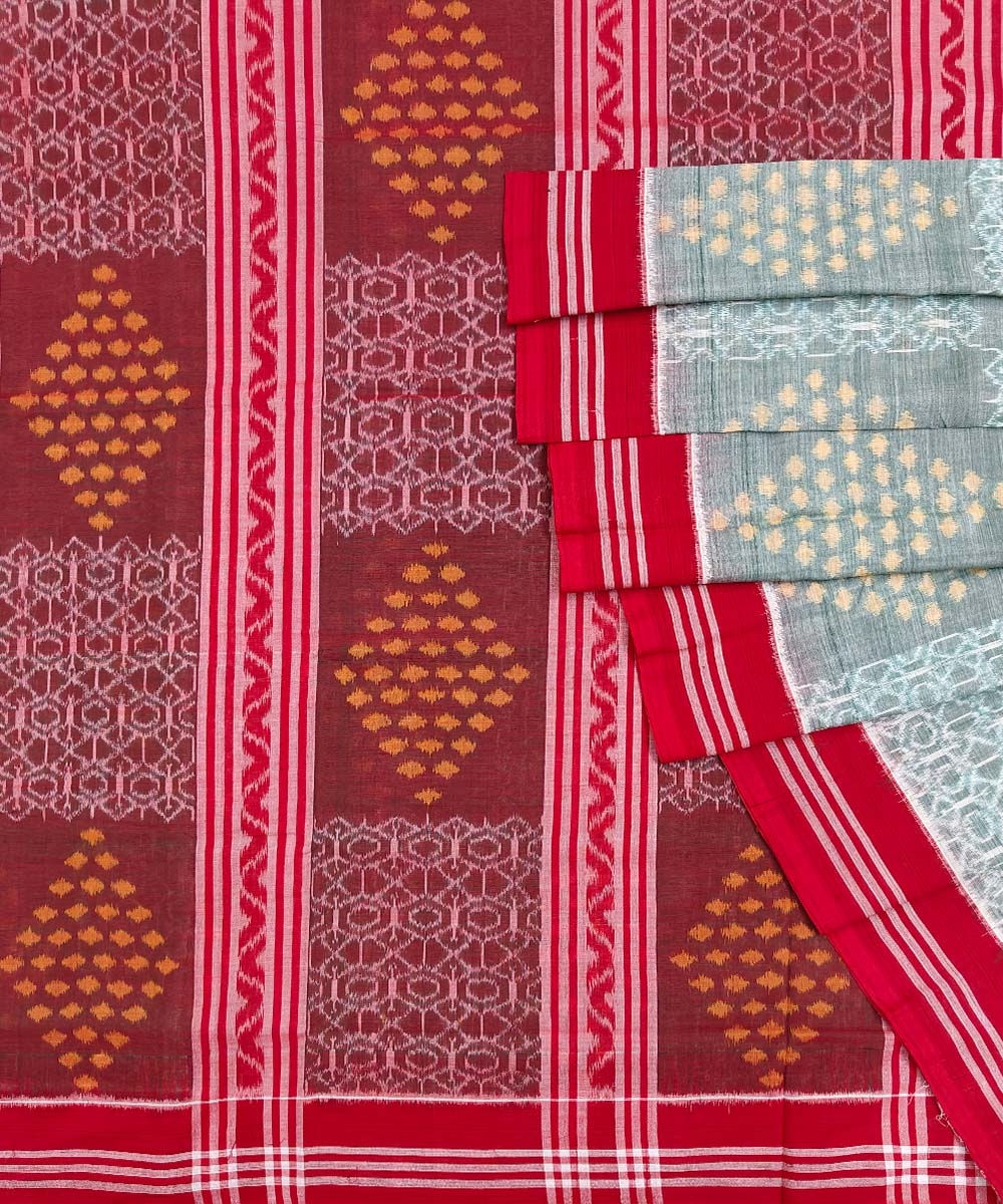 Gray Red Sambalpuri Handwoven Single Ikat Cotton Saree SFCSAR1484