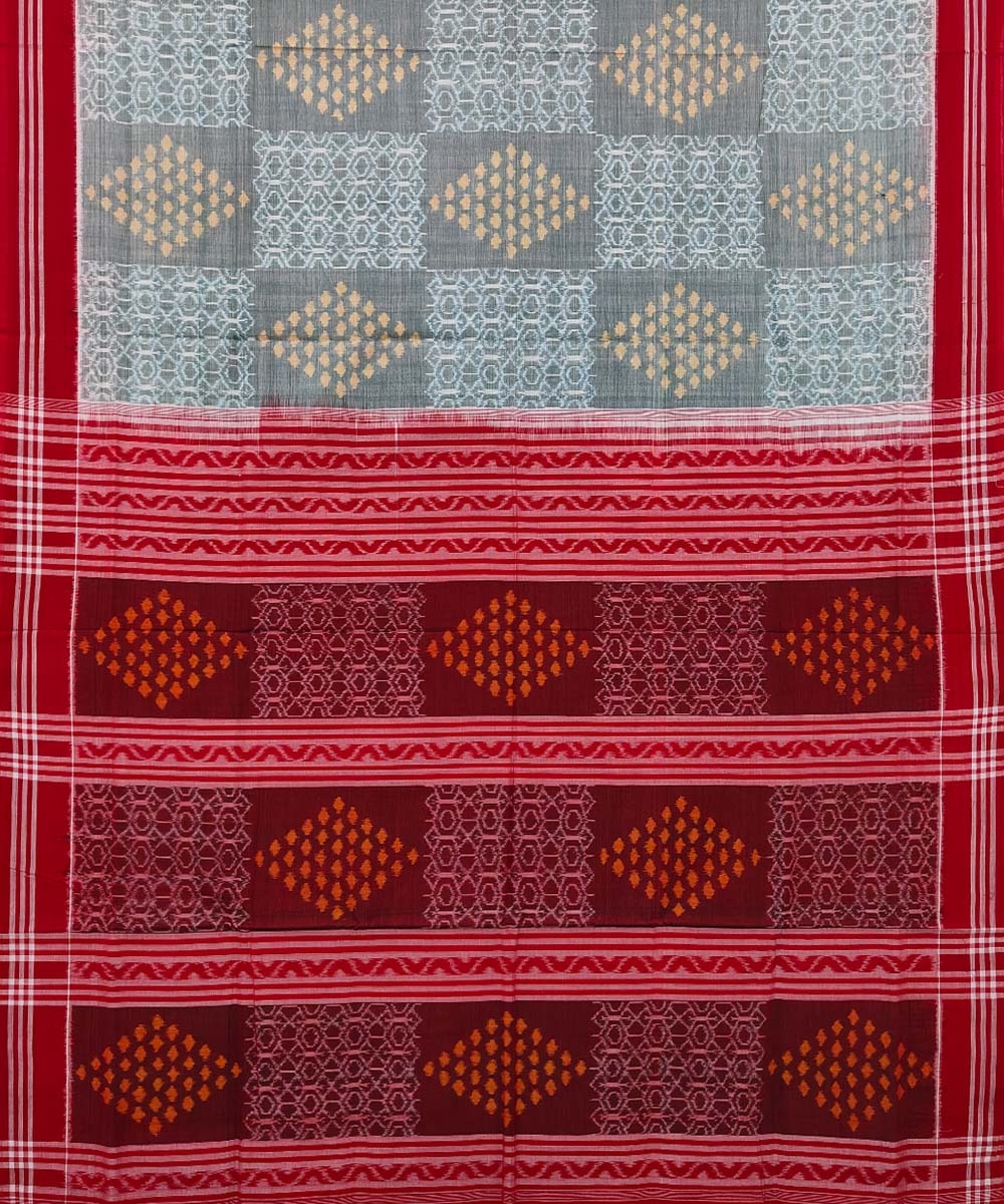 Gray Red Sambalpuri Handwoven Single Ikat Cotton Saree Image 2