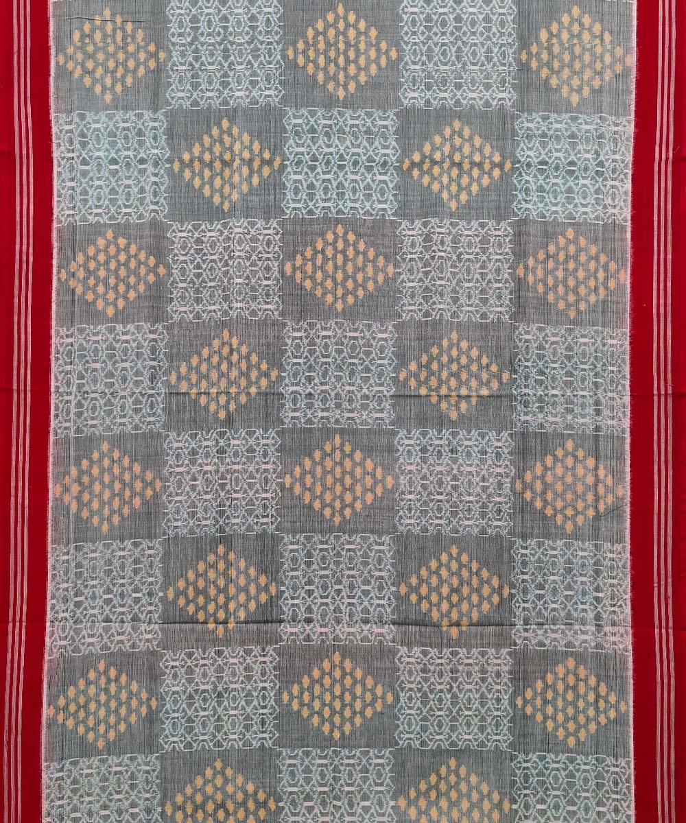 Gray Red Sambalpuri Handwoven Single Ikat Cotton Saree Image 3