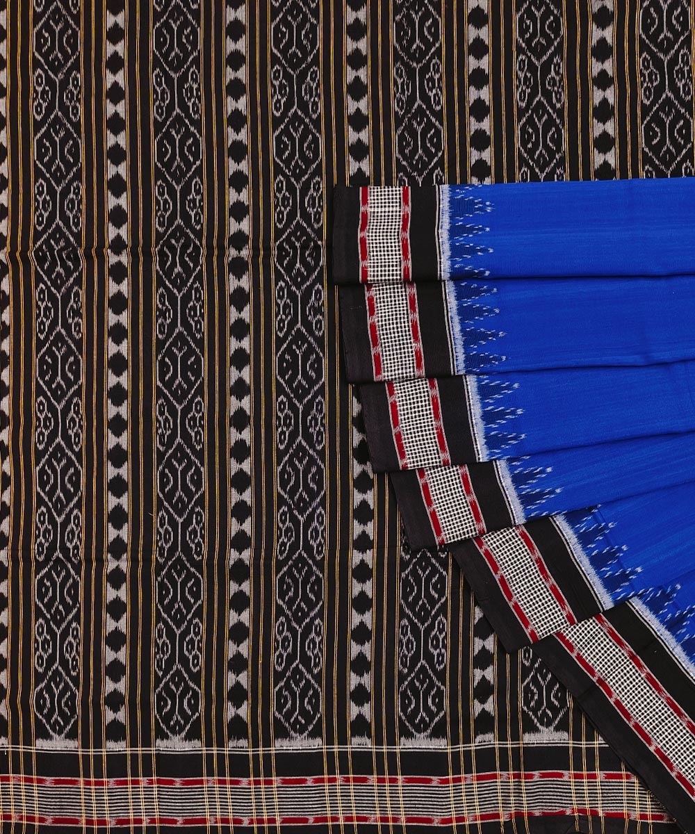 Blue Black Sambalpuri Handwoven Single Ikat Cotton Saree Image 1