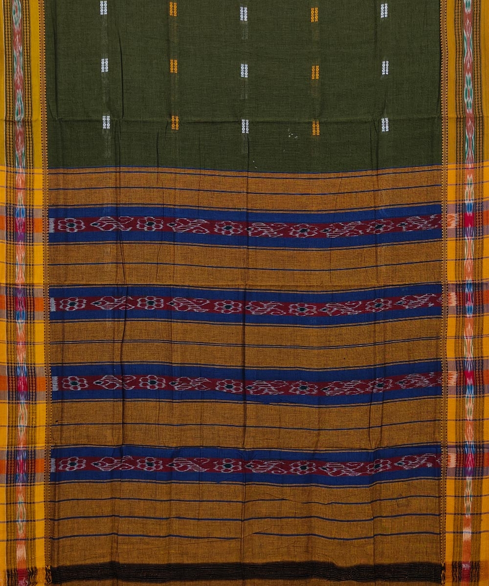 Olive Sambalpuri Handwoven Single Ikat Cotton Saree Image 2