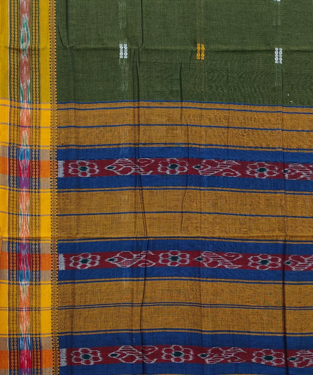 Olive Sambalpuri Handwoven Single Ikat Cotton Saree Image 4