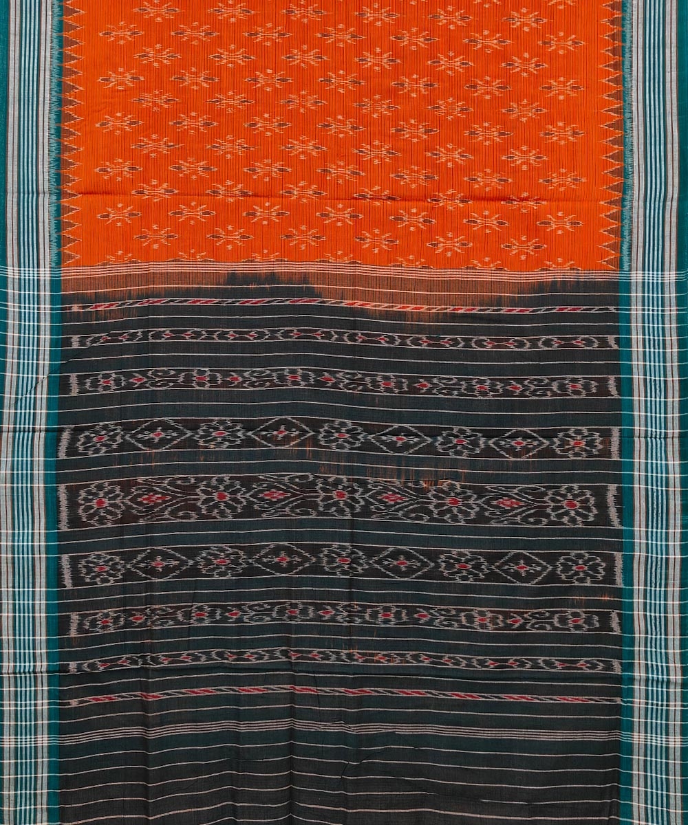 Orange Black Sambalpuri Handwoven Single Ikat Cotton Saree Image 2