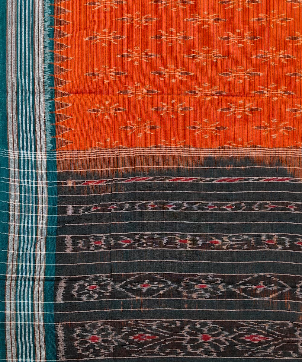 Orange Black Sambalpuri Handwoven Single Ikat Cotton Saree Image 4