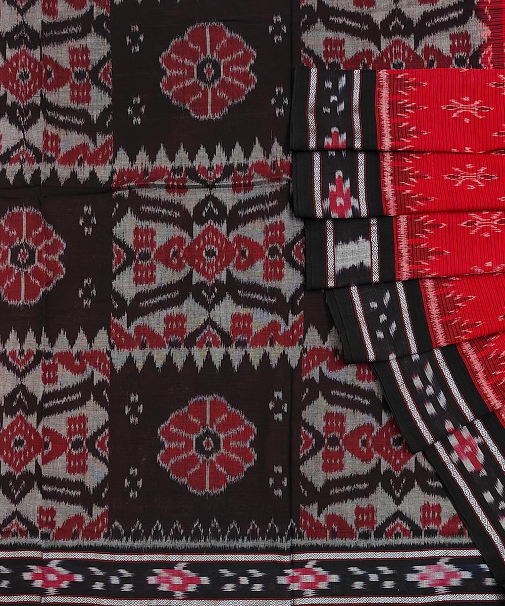 Red Black Sambalpuri Handwoven Single Ikat Cotton Saree Image 1