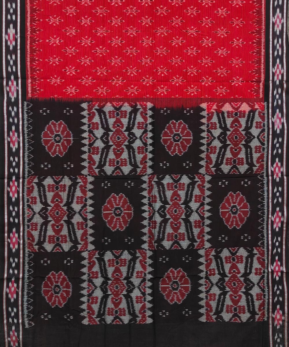 Red Black Sambalpuri Handwoven Single Ikat Cotton Saree Image 2