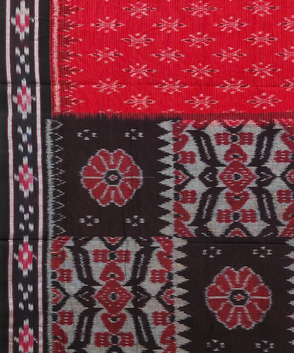 Red Black Sambalpuri Handwoven Single Ikat Cotton Saree Image 4