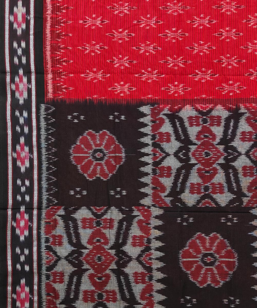 Red Black Sambalpuri Handwoven Single Ikat Cotton Saree Image 4