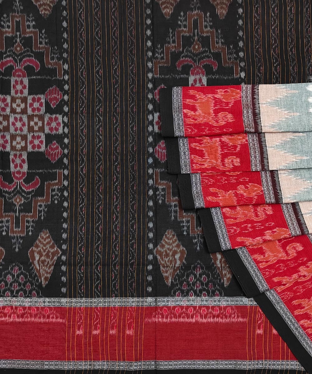 Gray Red Sambalpuri Handwoven Single Ikat Cotton Saree Image 1