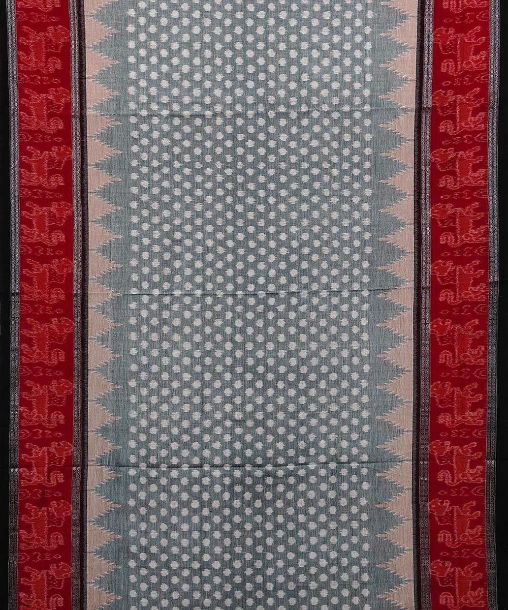 Gray Red Sambalpuri Handwoven Single Ikat Cotton Saree Image 3