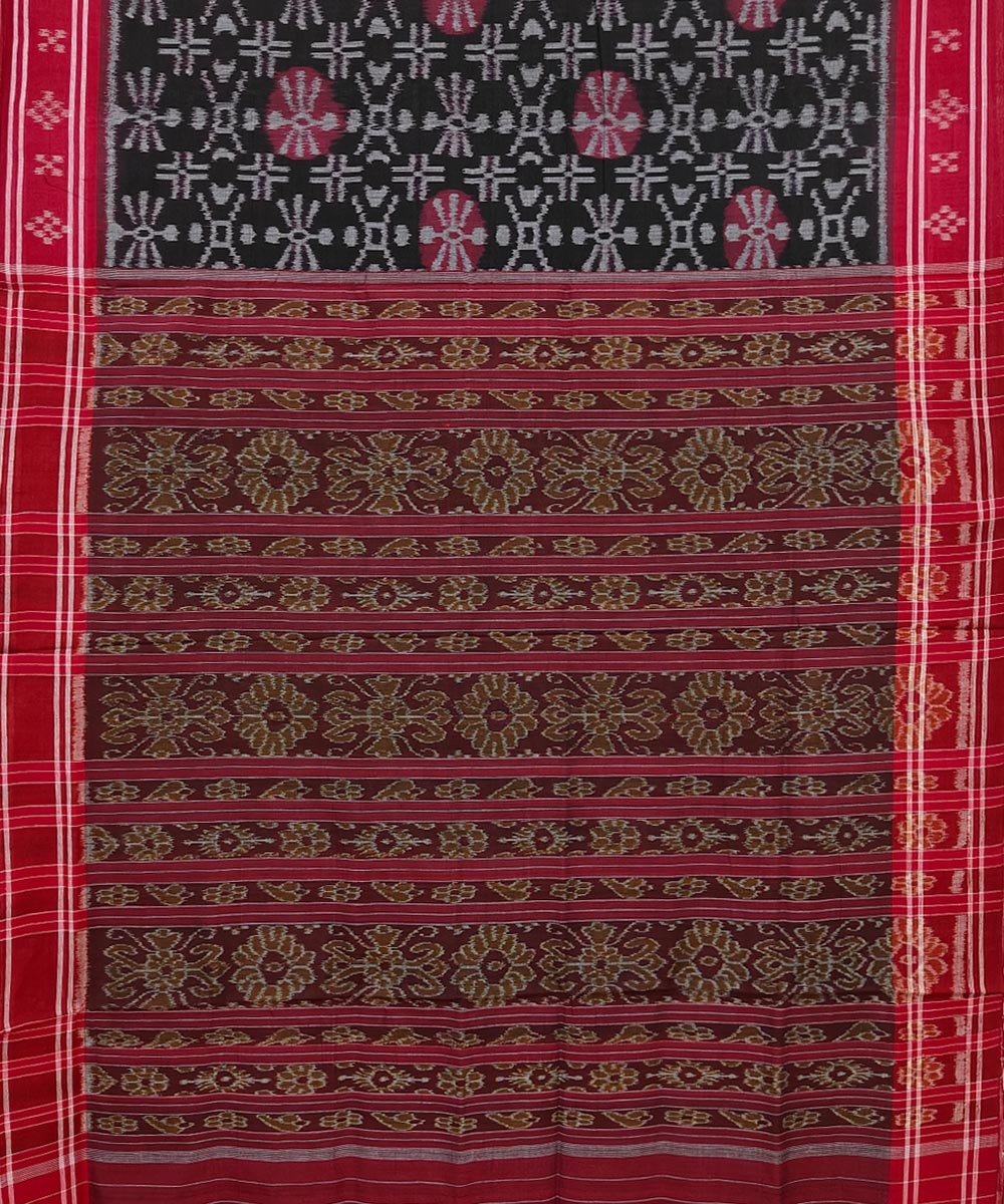 Black Red Sambalpuri Handwoven Single Ikat Cotton Saree Image 2