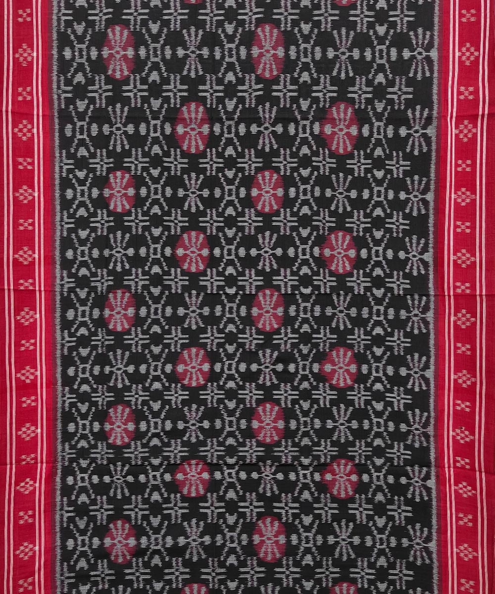 Black Red Sambalpuri Handwoven Single Ikat Cotton Saree Image 3