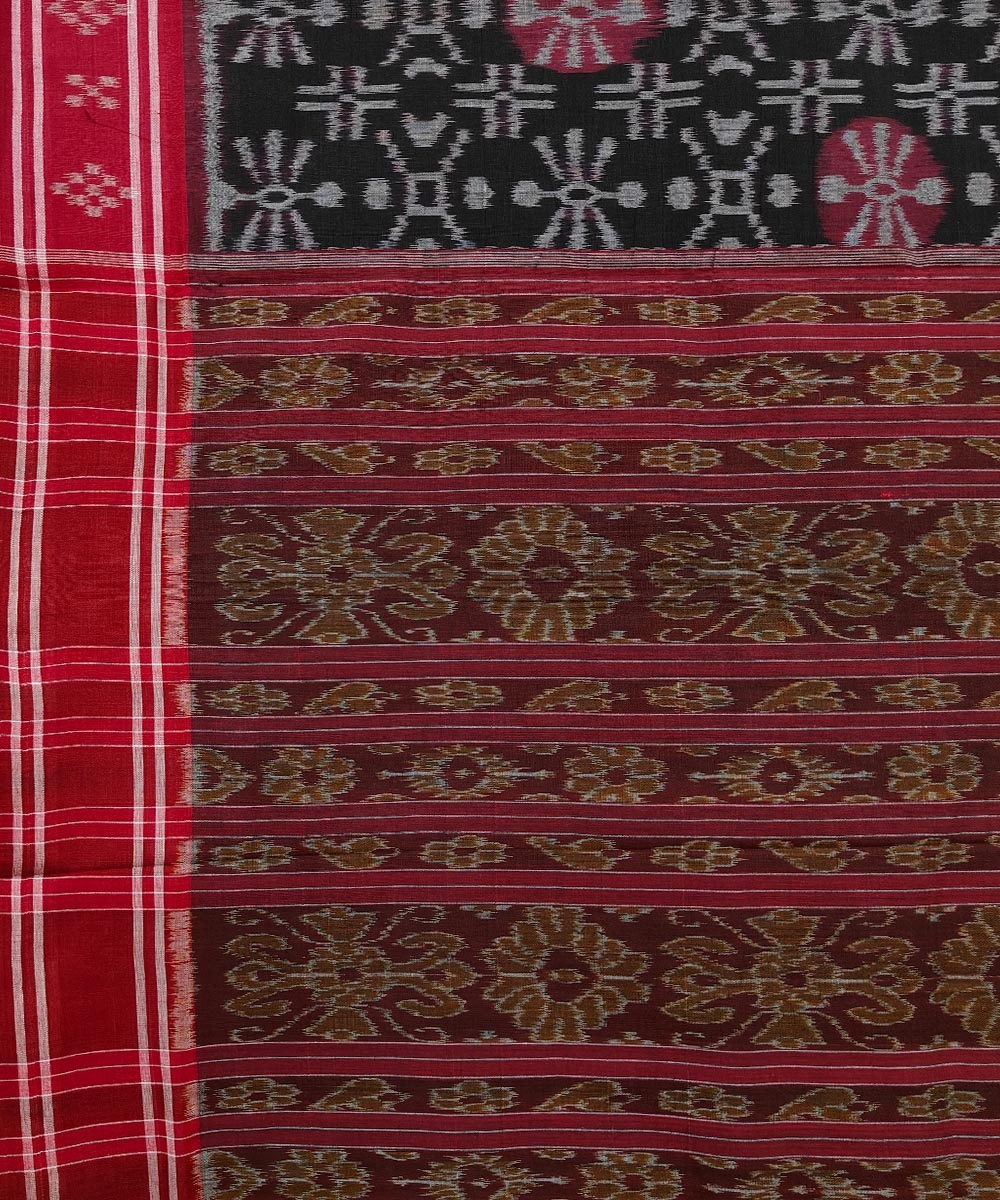 Black Red Sambalpuri Handwoven Single Ikat Cotton Saree Image 4