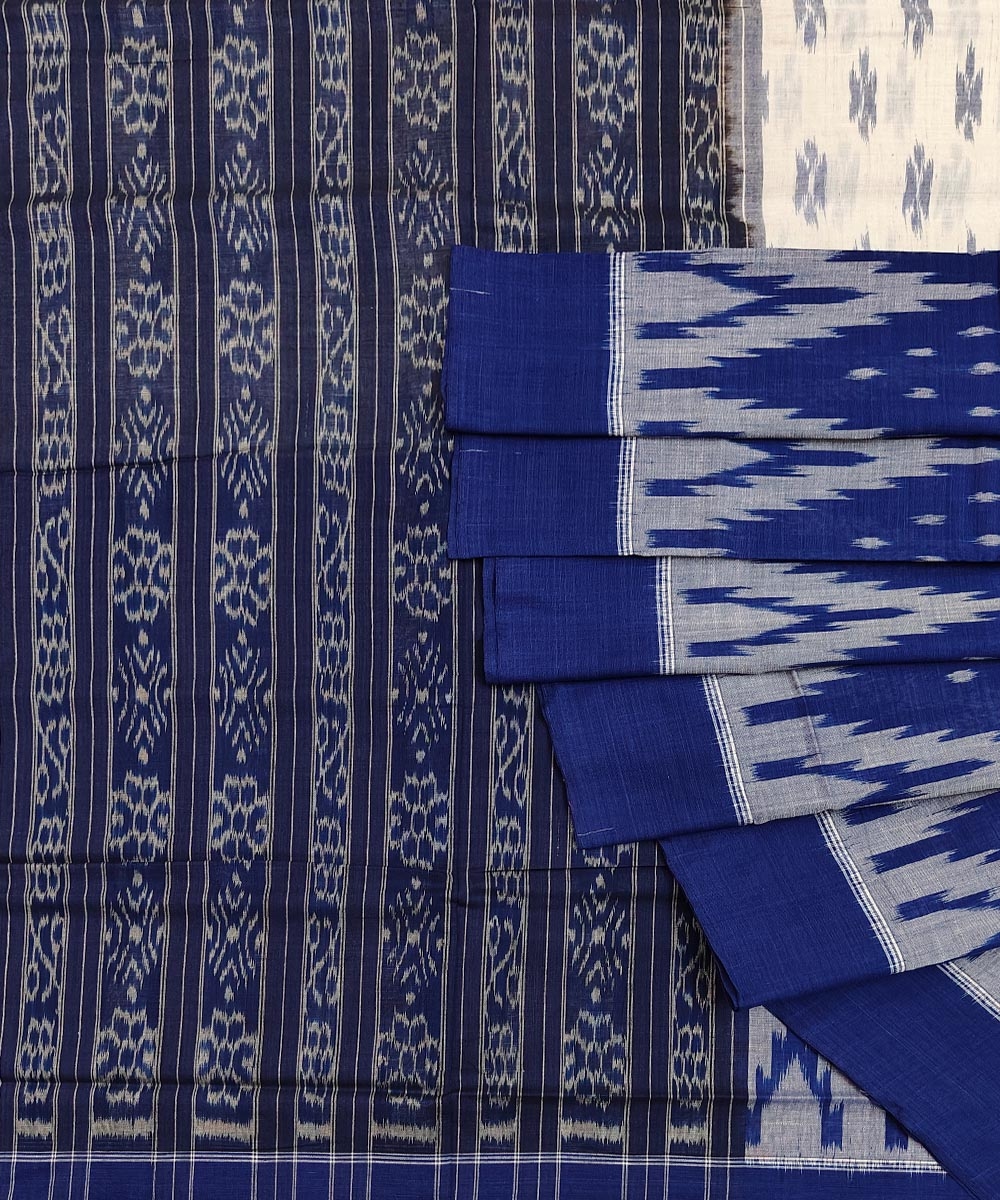 Blue White Sambalpuri Handwoven Single Ikat Cotton Saree SFCSAR1499