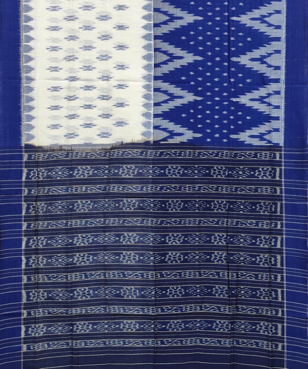 Blue White Sambalpuri Handwoven Single Ikat Cotton Saree Image 2