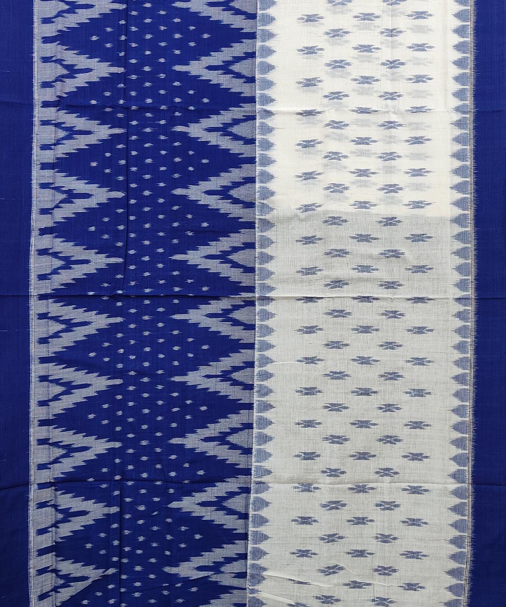 Blue White Sambalpuri Handwoven Single Ikat Cotton Saree Image 3