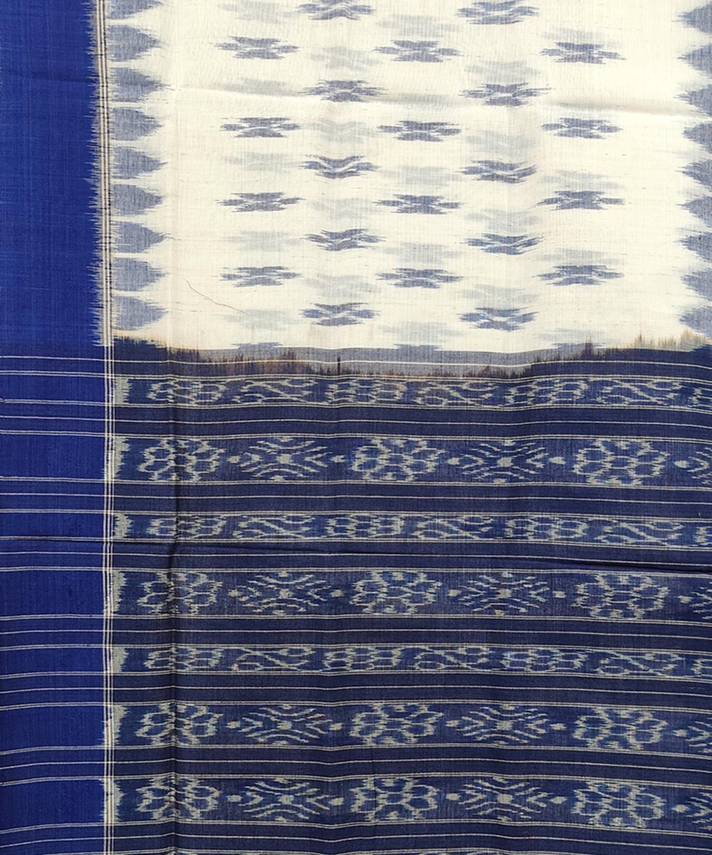 Blue White Sambalpuri Handwoven Single Ikat Cotton Saree Image 4