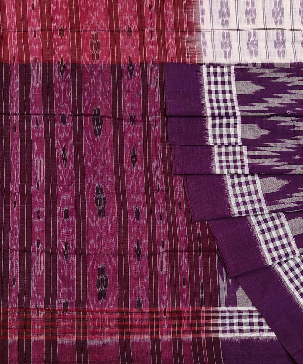 White Purple Sambalpuri Handwoven Single Ikat Cotton Saree Image 1